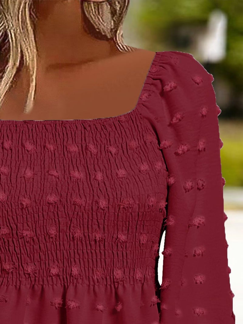 Flamingals Women's Long Sleeve Peplum Blouse Square Neck Cute Elegant Ruffle Smocked Babydoll Shirts Red M - Image 3