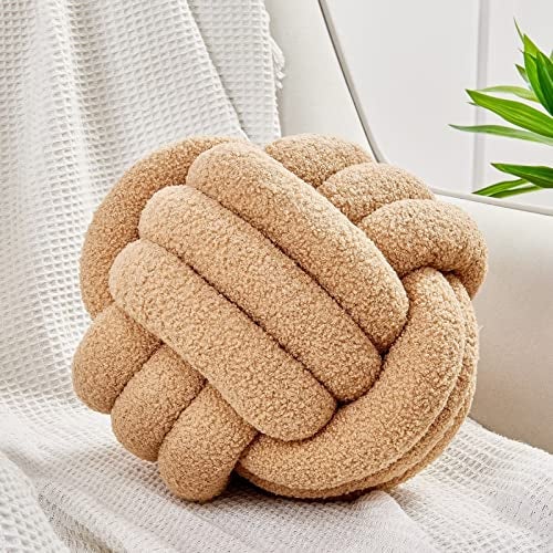 Uvvyui Knot Pillow Ball Soft Home Decorative Pillows Round Throw Pillow Handmade Knotted Plush Pillow Round Boucle Pillow Cushion 11 Inches Khaki