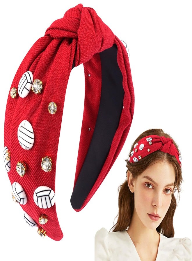 Hapdoo Red Volleyball Rhinestone Jeweled Knotted Headband Wide Game Day Sports Hair Accessories Gift for Football Mom Fans - Image 1