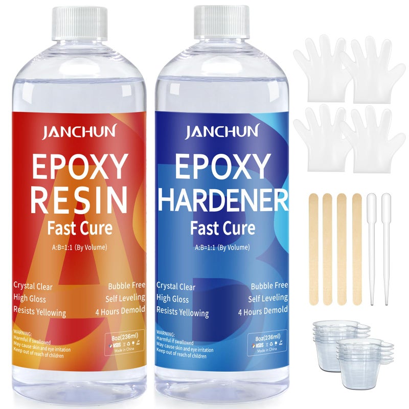JANCHUN Crystal Clear Epoxy Resin Kit 16oz, Bubble-Free, Anti-Yellowing, Self Leveling Easy Mix 1:1 Coating and Casting Resin for Table Top, Molds, Tumbler Crafts, Painting, Jewelry, DIY Gifts - Image 1