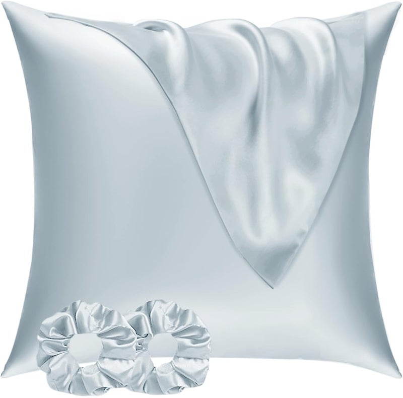 Vielit Satin Cushion Cover, 65 x 65 cm, Set of 2 and 2 Hair Elastics, Satin Pillowcase, Light Blue, Soft as Silk Pillowcase 65 x 65 cm, Better Care than Silk Pillose Case, Cushion Cover for Hair and - Image 1