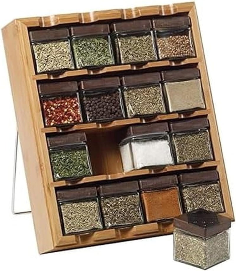 16 Jar Bamboo 3-in-1 Spice Organizer for Countertop, Wall, and Drawer with Spices Included, FREE Spice Refills for 5 Years, Lift & Pour Caps