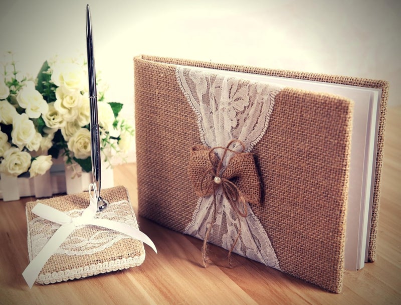 BETTERLINE Rustic Wedding Guest Book Made of Burlap and Lace - Includes Matching Pen Holder and Silver Pen - 120 Lined Pages for Guest Thoughts - Comes in Gift Box (Burlap Bow with Pearl Center) - Image 2