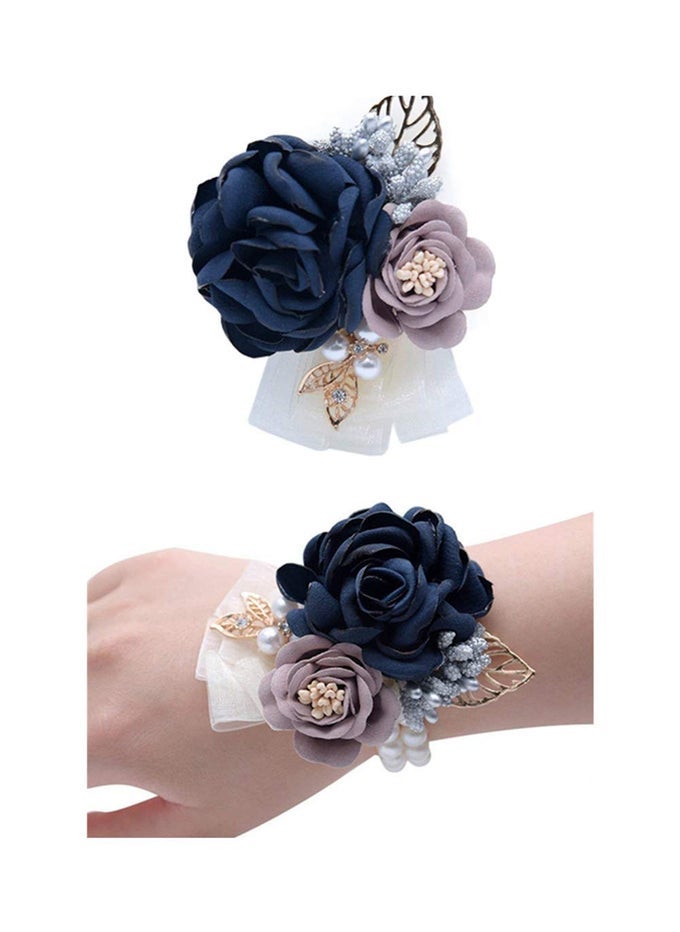 Rose Wedding Wrist Corsage and Boutonniere Set Party Prom Hand Ribbon Flower Suit Decor Dark Blue
