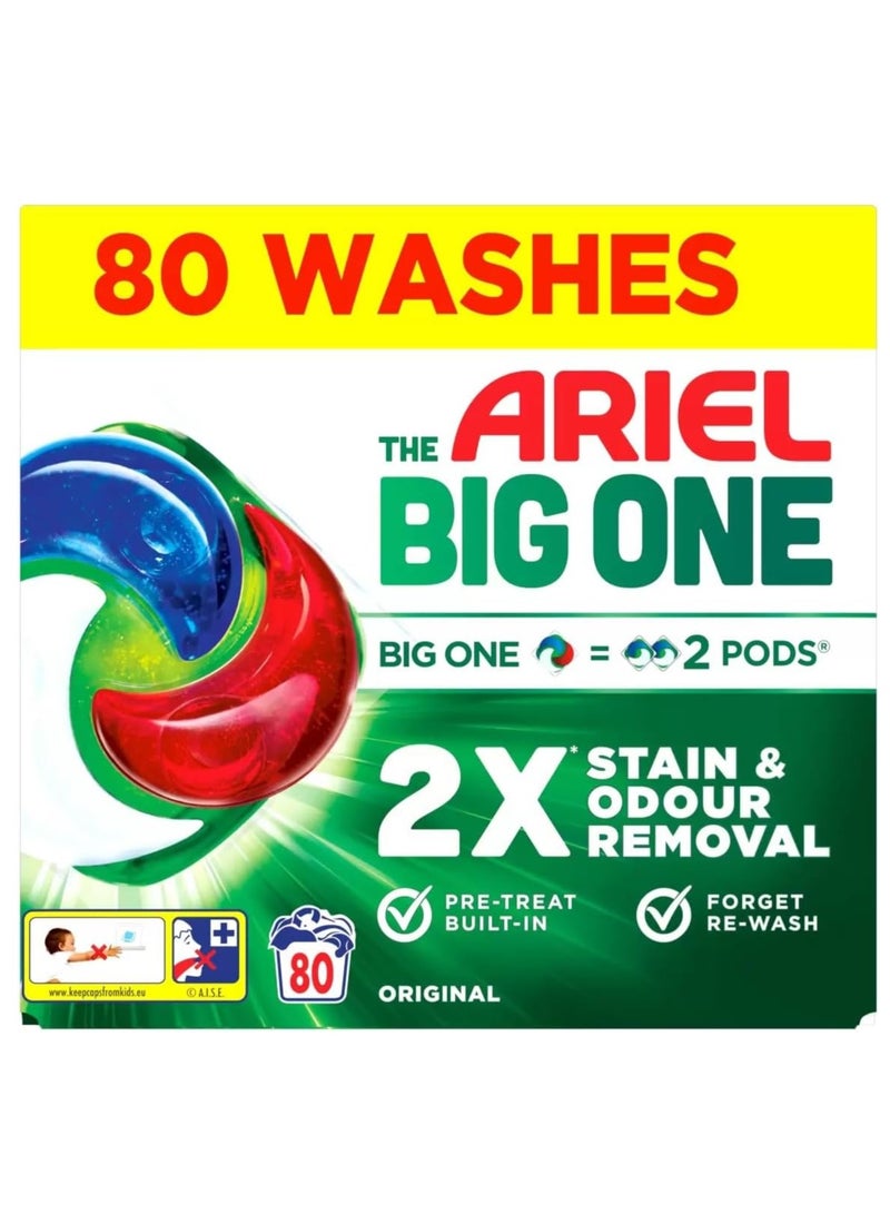 Ariel The Big One Laundry Liquid Pods Original, 80 Count, 2X Stain & Odour Removal Power, Built-In Pre-Treat, Fast Dissolving Even in Cold Wash - Image 1