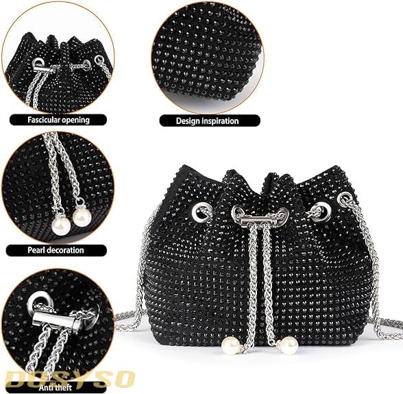 DOSYSO Rhinestone Bucket Bag Mini Evening Handbags Crystal Clutch For Women Drawstring Crossbody Sling Bags with Chain Stylish Potli Bags Ladies Glitter Purse Wallet for Party Wedding Bling (Black) - Image 4
