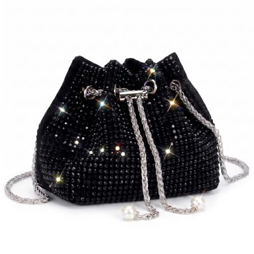 DOSYSO Rhinestone Bucket Bag Mini Evening Handbags Crystal Clutch For Women Drawstring Crossbody Sling Bags with Chain Stylish Potli Bags Ladies Glitter Purse Wallet for Party Wedding Bling (Black) - Image 1