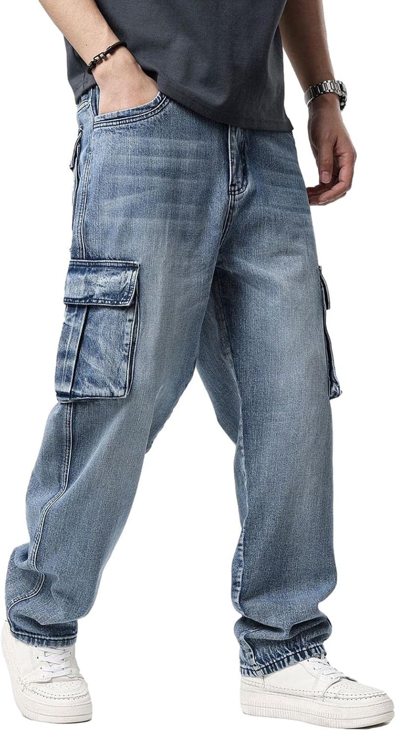 Idopy Men's Loose Fit Motorcycle Multi-Pockets Workwear Denim Cargo Jeans Plus Size - 2671 Blue, Size 42 - Image 1