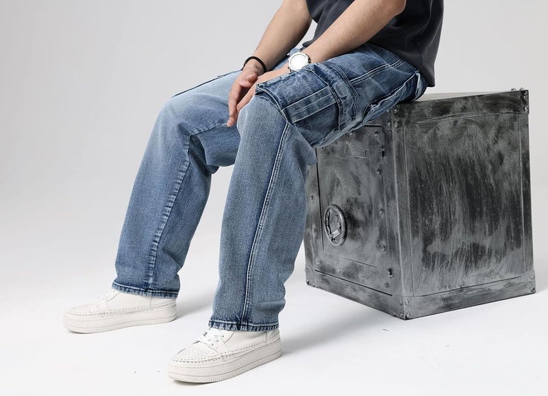 Idopy Men's Loose Fit Motorcycle Multi-Pockets Workwear Denim Cargo Jeans Plus Size - 2671 Blue, Size 42 - Image 4