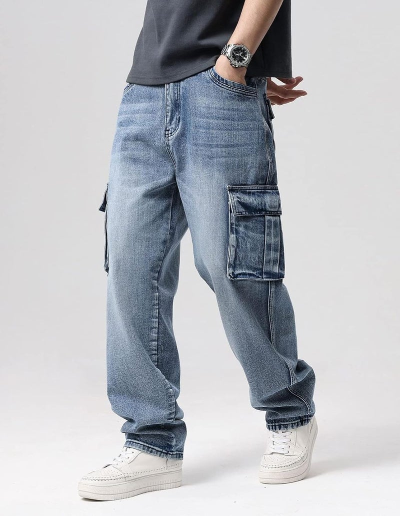 Idopy Men's Loose Fit Motorcycle Multi-Pockets Workwear Denim Cargo Jeans Plus Size - 2671 Blue, Size 42 - Image 2