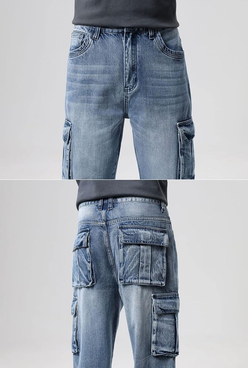 Idopy Men's Loose Fit Motorcycle Multi-Pockets Workwear Denim Cargo Jeans Plus Size - 2671 Blue, Size 42 - Image 5