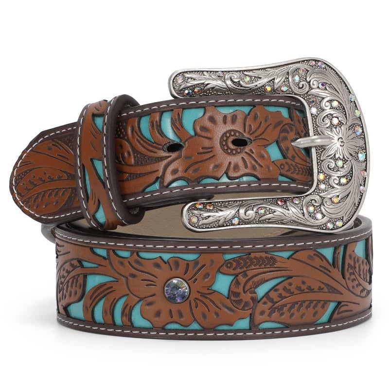 TRIWORKS Western Belts for Women Cowgirl,Cowboy Bling Country Turquoise Belts for Jeans Pants Dresses,B-Brown/Blue - Image 1