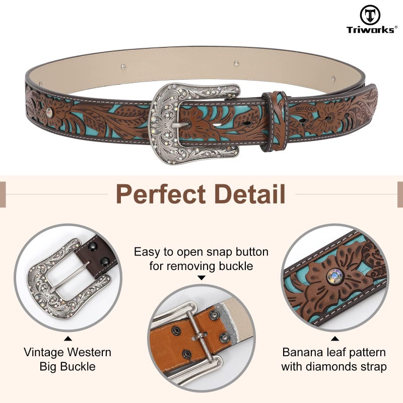 TRIWORKS Western Belts for Women Cowgirl,Cowboy Bling Country Turquoise Belts for Jeans Pants Dresses,B-Brown/Blue - Image 4