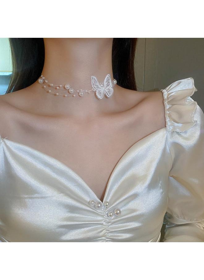 Generic - Korean Retro Pearl Diamond Tassel Neck Chain Cyber Celebrity Elegant Design Sense Flower Bow Clavicle Chain Necklace For Women - Image 1