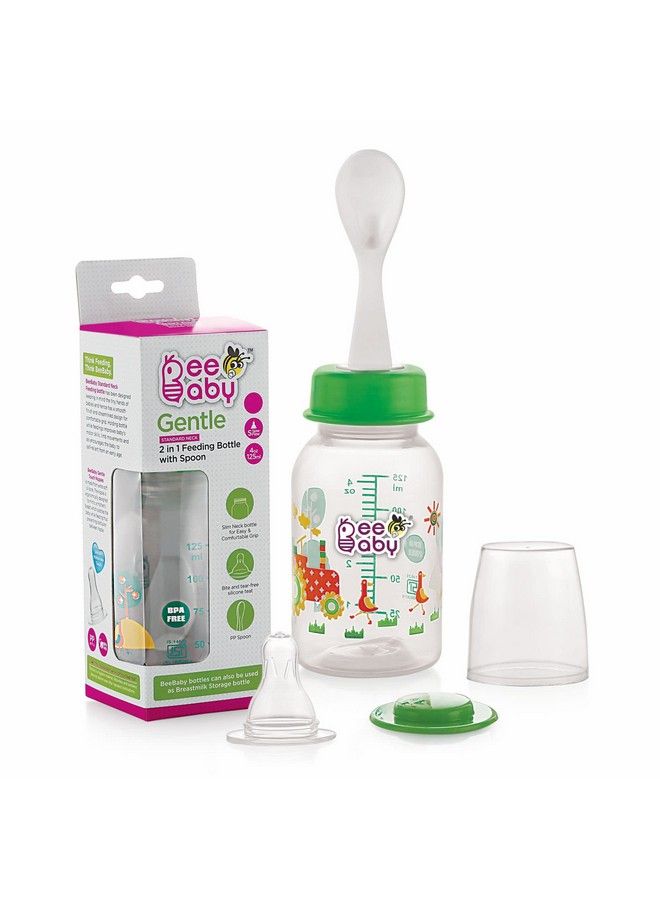 Beebaby Gentle 2 In 1 Slim Neck Baby Feeding Bottle With Gentle Touch Anti Colic Silicone Nipple & (Plastic) Feeder Spoon 4 Months + (Blue 125 Ml). - Image 2