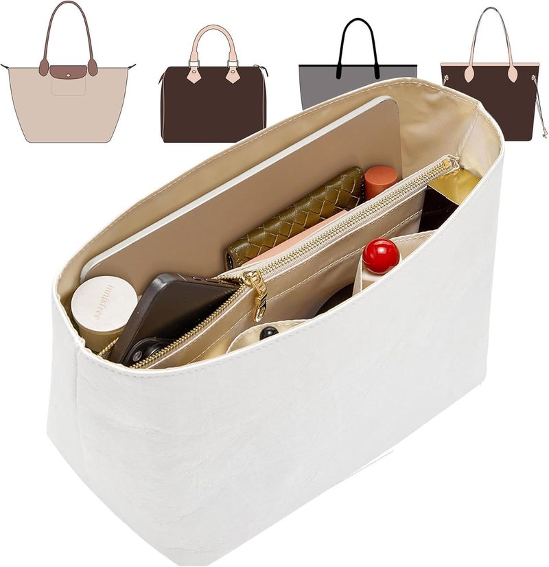 Doxo Long Champ Organizer Insert Bag Organizer Insert for le pliage Medium Goyard PM Speedy 30 Neverfull MM and More Light Waterproof DupontPaper Purse Organizer 6 PocketsWhite M