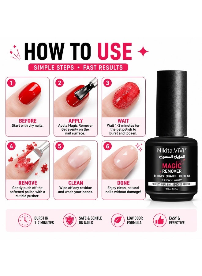 NIKITA.VIVI 2 Packs 15mlx2 Magic Nail Polish Remover Gel Professional Non-Irritating Nail Polish Remover Soak-Off Gel Polish Remover UV Art Gel Nail Polish Magic Remover Magic Nail Products Remover - Image 4