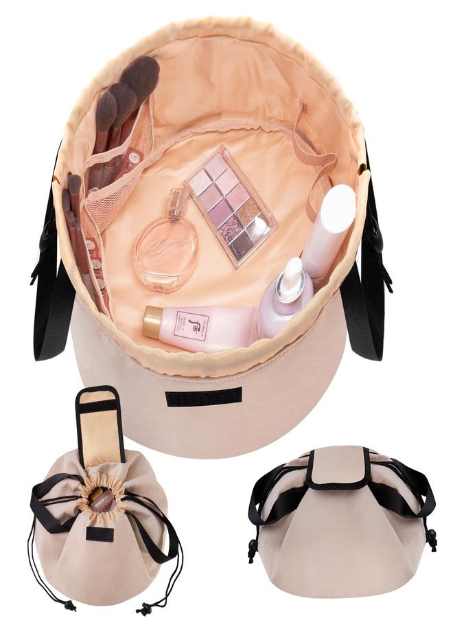 TAPMEI Valentines Day Gifts-Barrel Drawstring Makeup Bag Large Cosmetic Bag Toiletry Organizer for Women,Portable Large Capacity Travel Makeup Bag with Handle and Pouch for Travel,Gift (Khaki Nyon) - Image 1