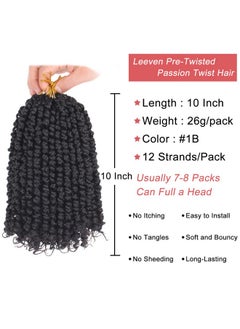 Leeven Leeven 8 Packs 10 Inch Passion Twist Hair for Women Natural Black Bomb Pre Twisted Water Wave Crochet Braids Hair Pre Looped Curly Bohemian Synthetic Braiding Hair Extensions 12 Strands/Pack #1B  - Image 2