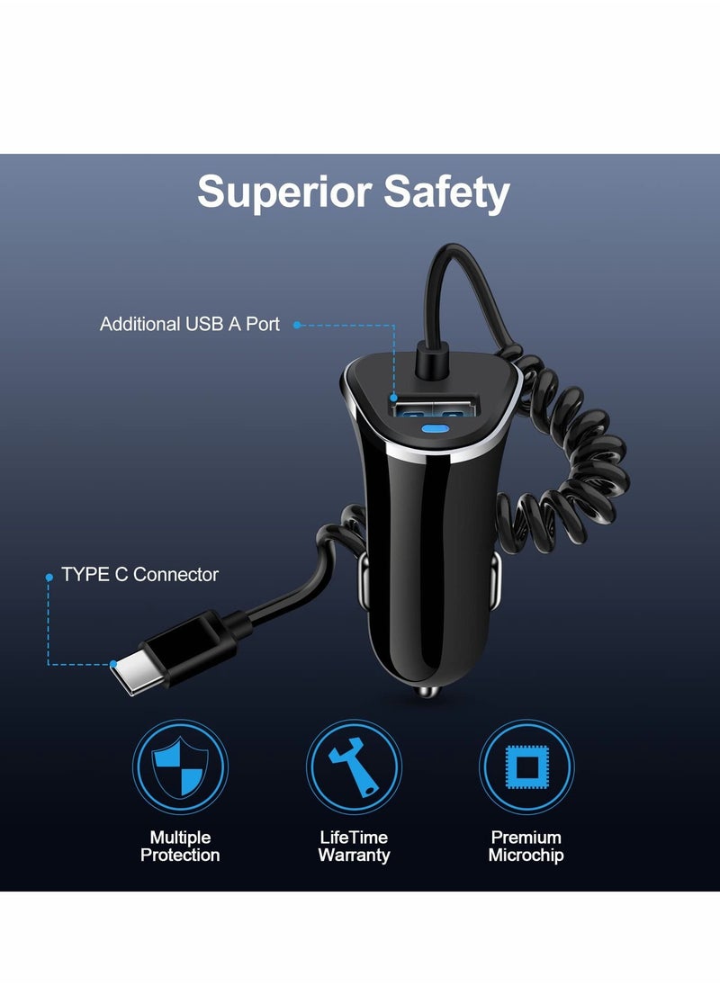 Y&D - USB C Car Charger, Charger Fast Charging with 5ft Super Type Coiled Cable, for Samsung Galaxy Z Fold 4 Flip A53 A13 A03s A32 A52 S21 FE S22 Ultra S20 Note 20, 3.4A - Image 1