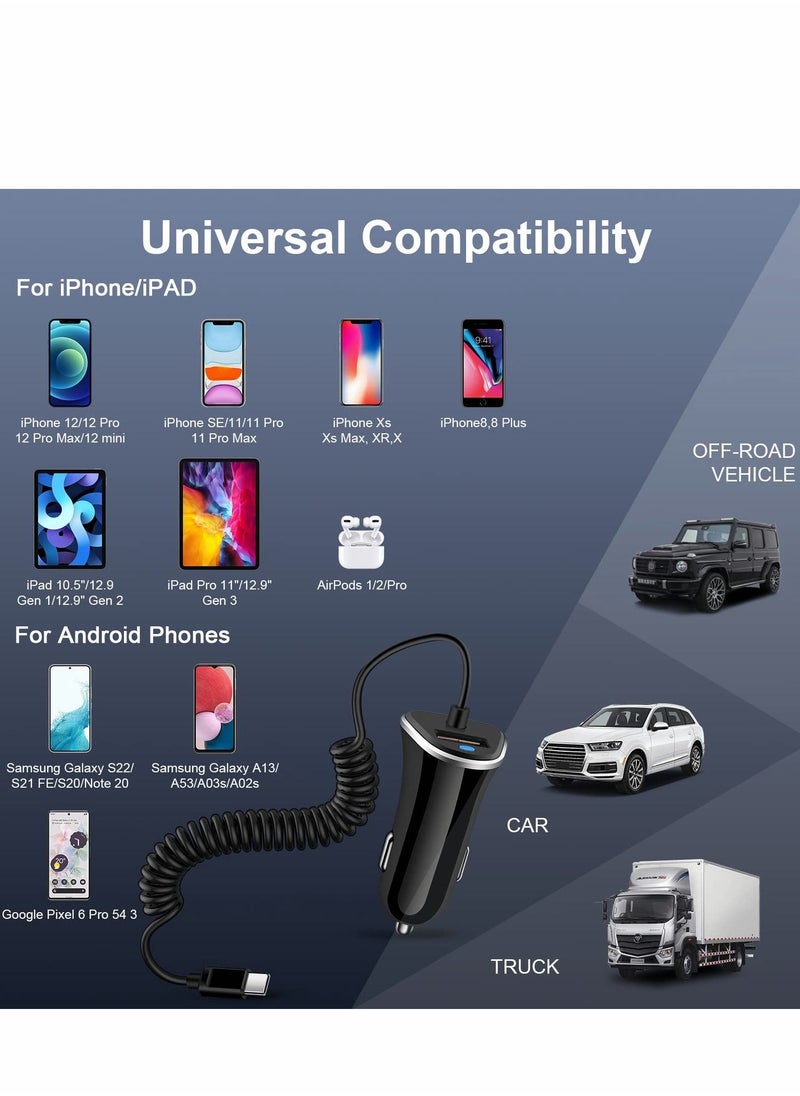 Y&D - USB C Car Charger, Charger Fast Charging with 5ft Super Type Coiled Cable, for Samsung Galaxy Z Fold 4 Flip A53 A13 A03s A32 A52 S21 FE S22 Ultra S20 Note 20, 3.4A - Image 1