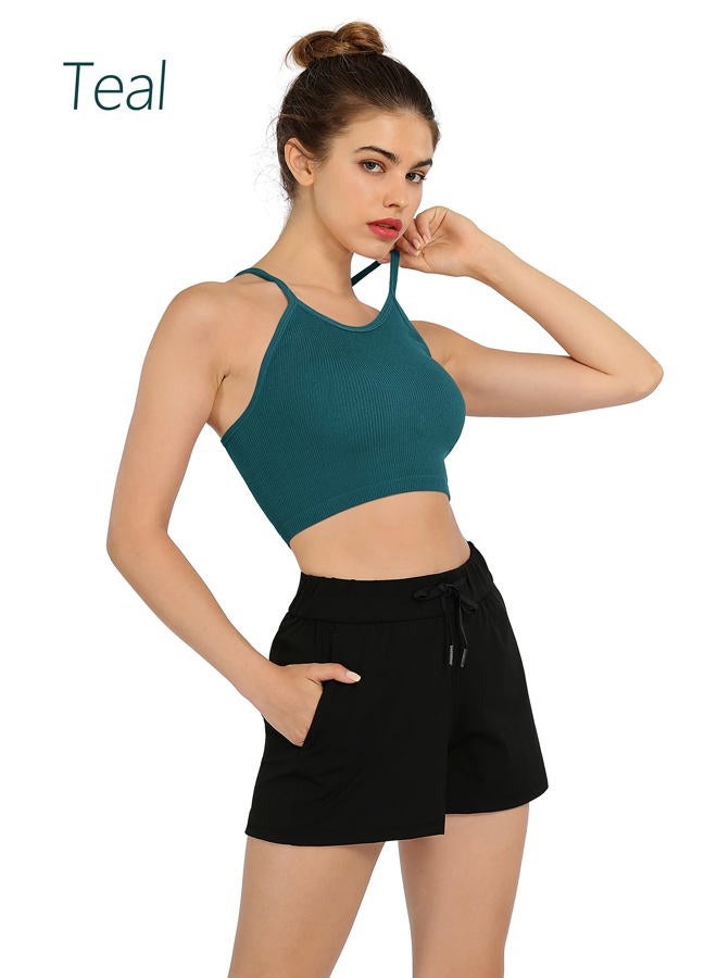 ODODOS Women's Crop 3-Pack Washed Seamless Rib-Knit Camisole Crop Tank Top, Beige+coral+teal (Crop) New, X-Small-Small - Image 5