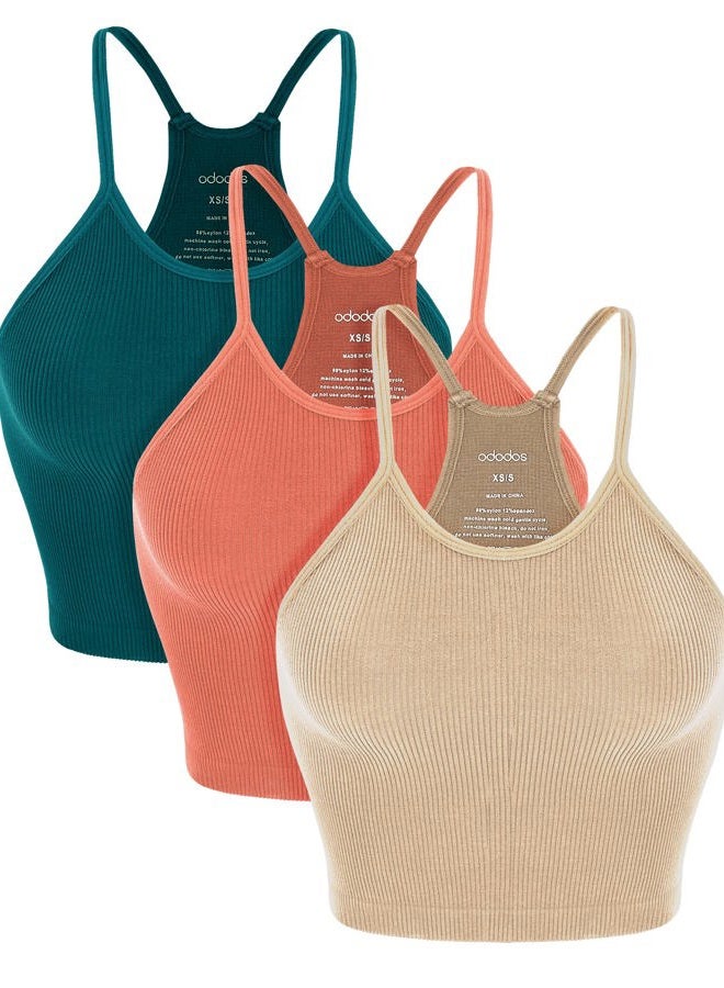 ODODOS Women's Crop 3-Pack Washed Seamless Rib-Knit Camisole Crop Tank Top, Beige+coral+teal (Crop) New, X-Small-Small - Image 1