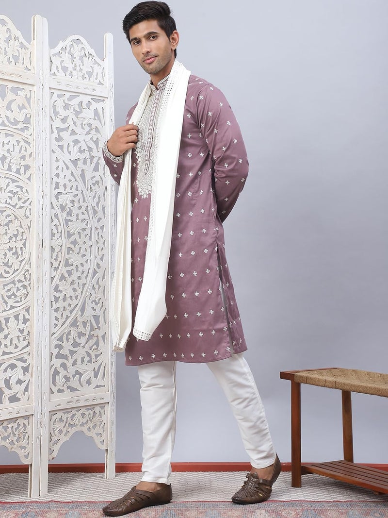 Jompers Magenta Men's Sequins Embroidered Kurta Pyjama With Dupatta. (Magenta, S) - Image 3