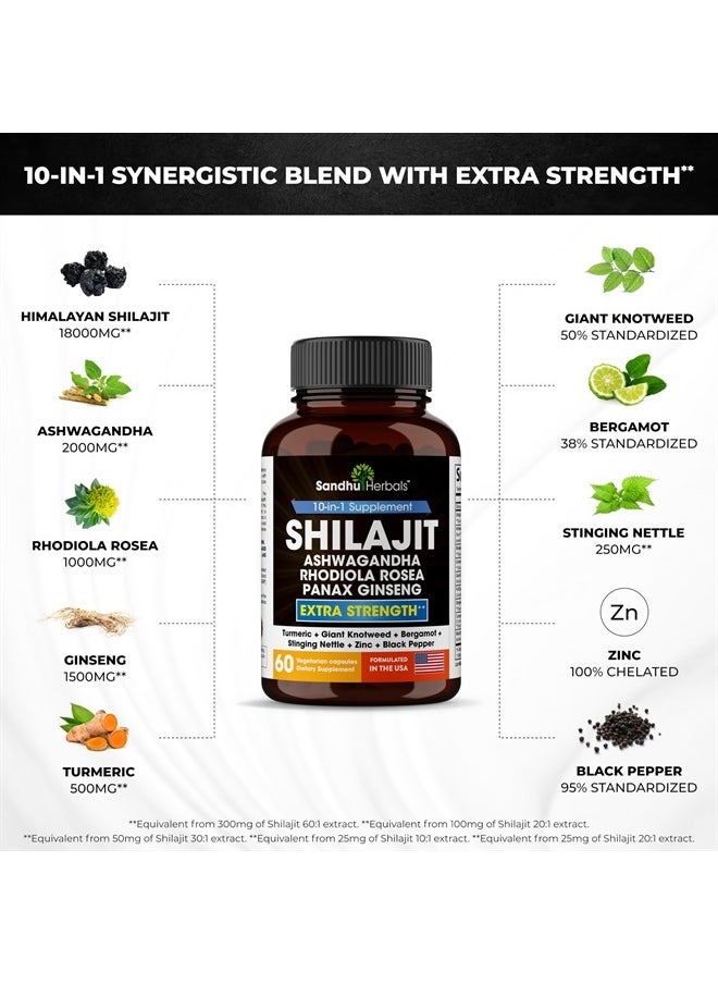 SANDHUHERBALS - Sandhu Herbals Shilajit Pure Himalayan 18000mg, 60 Capsules with Ashwagandha 2000mg, Rhodiola Rosea 1000mg, Panax Ginseng 1500mg, Stinging Nettle 100mg Supplement for Men | Made in USA - Image 1