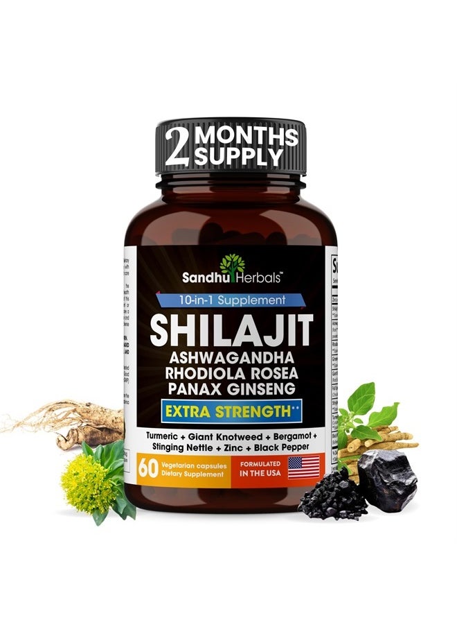 SANDHUHERBALS - Sandhu Herbals Shilajit Pure Himalayan 18000mg, 60 Capsules with Ashwagandha 2000mg, Rhodiola Rosea 1000mg, Panax Ginseng 1500mg, Stinging Nettle 100mg Supplement for Men | Made in USA - Image 1