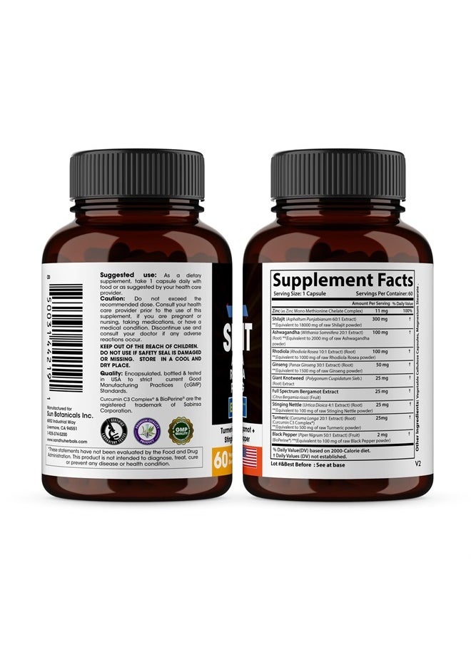SANDHUHERBALS - Sandhu Herbals Shilajit Pure Himalayan 18000mg, 60 Capsules with Ashwagandha 2000mg, Rhodiola Rosea 1000mg, Panax Ginseng 1500mg, Stinging Nettle 100mg Supplement for Men | Made in USA - Image 1