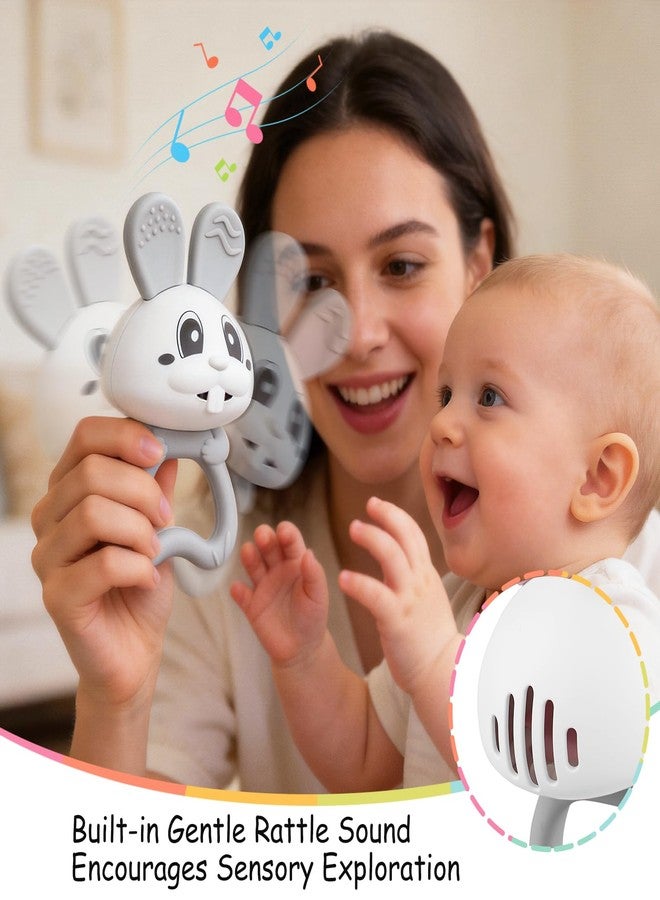 Mombella Baby Teething Toys 3–6 Months with Rattle, Bunny Easter Basket Stuffers for Babies 6–12 Months, Baby's First Toy with Anti Drop Strap, Teething Relief Baby Chew Toys, Easter Gifts, Grey - Image 3