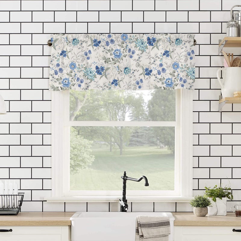 SHAPTOY Spring Summer Blue Floral Curtain Valances for Kitchen Window Farmhouse Gray White French Country Rod Pocket Valance Windows Treatments 1 Panel Short Curtains 54x18 Inch for Bedroom Bathroom Decor - Image 4