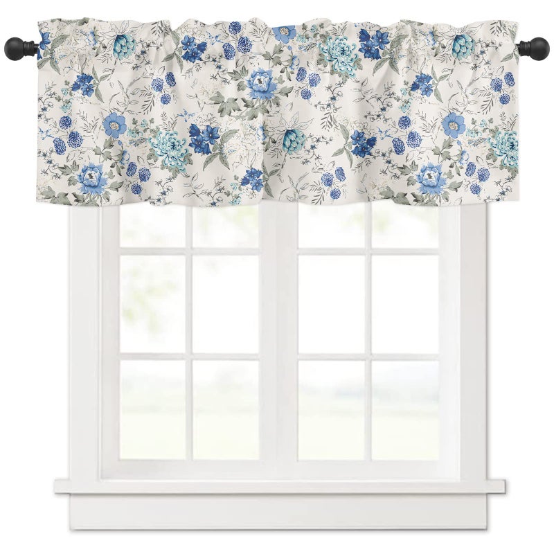 SHAPTOY Spring Summer Blue Floral Curtain Valances for Kitchen Window Farmhouse Gray White French Country Rod Pocket Valance Windows Treatments 1 Panel Short Curtains 54x18 Inch for Bedroom Bathroom Decor - Image 1