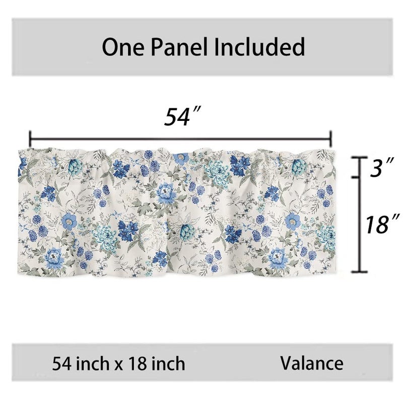 SHAPTOY Spring Summer Blue Floral Curtain Valances for Kitchen Window Farmhouse Gray White French Country Rod Pocket Valance Windows Treatments 1 Panel Short Curtains 54x18 Inch for Bedroom Bathroom Decor - Image 3