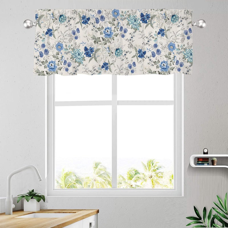 SHAPTOY Spring Summer Blue Floral Curtain Valances for Kitchen Window Farmhouse Gray White French Country Rod Pocket Valance Windows Treatments 1 Panel Short Curtains 54x18 Inch for Bedroom Bathroom Decor - Image 2