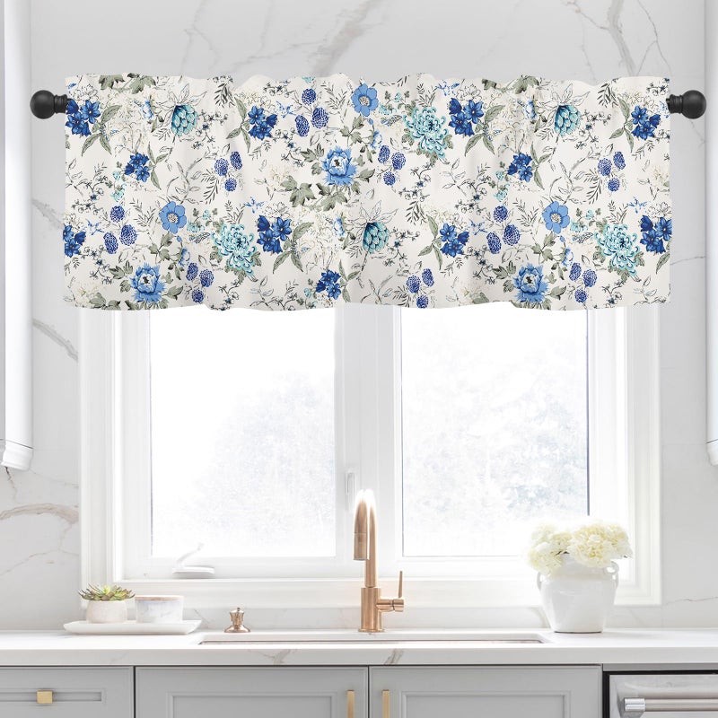 SHAPTOY Spring Summer Blue Floral Curtain Valances for Kitchen Window Farmhouse Gray White French Country Rod Pocket Valance Windows Treatments 1 Panel Short Curtains 54x18 Inch for Bedroom Bathroom Decor - Image 5