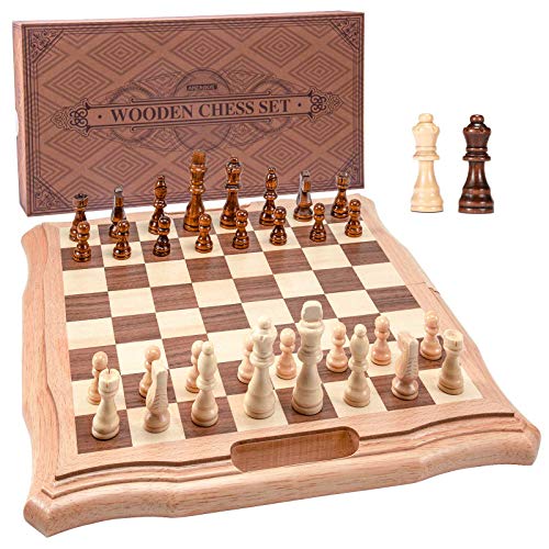 AMEROUS 156 inches Magnetic Wooden Chess Set Handheld Style Chess Board Game Sets with Game Pieces Storage Slots  2 Extra Queens  Gift Package Chess for Beginner Kids and Adults - Image 1