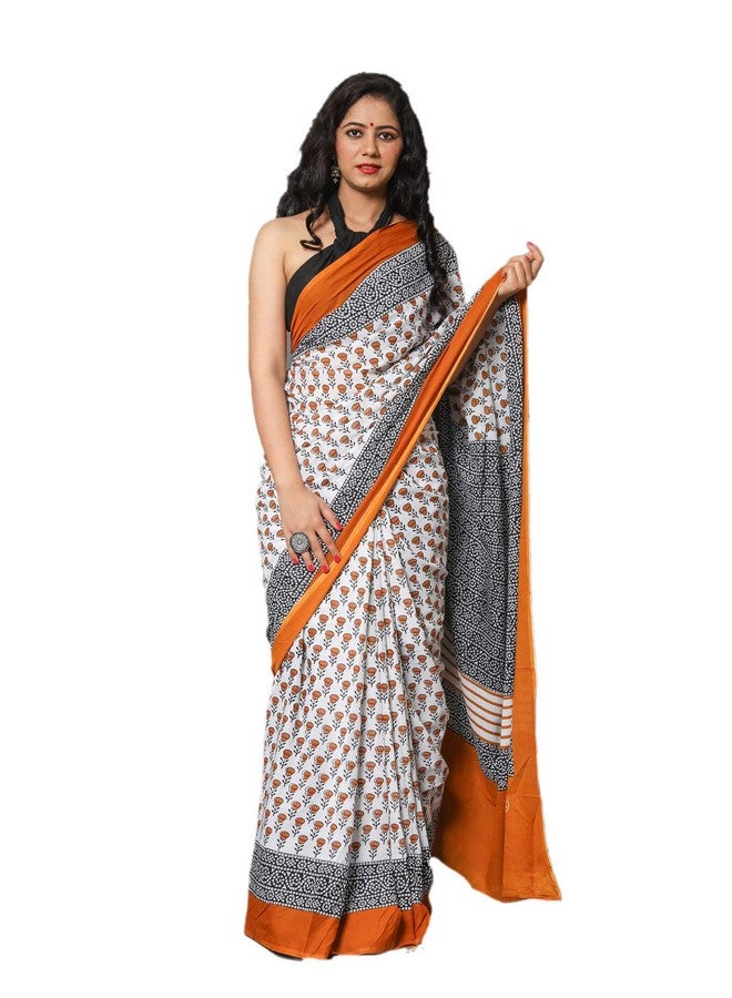 Kiaaron Kiaaron Women's Hand Block Kalamkari Batik Bagru Jaipuri Ikat Printed Handloom Pure Cotton Mulmul Traditional Ethnic Cotton Sarees With Printed Blouse Piece - Yellow_White - Image 1