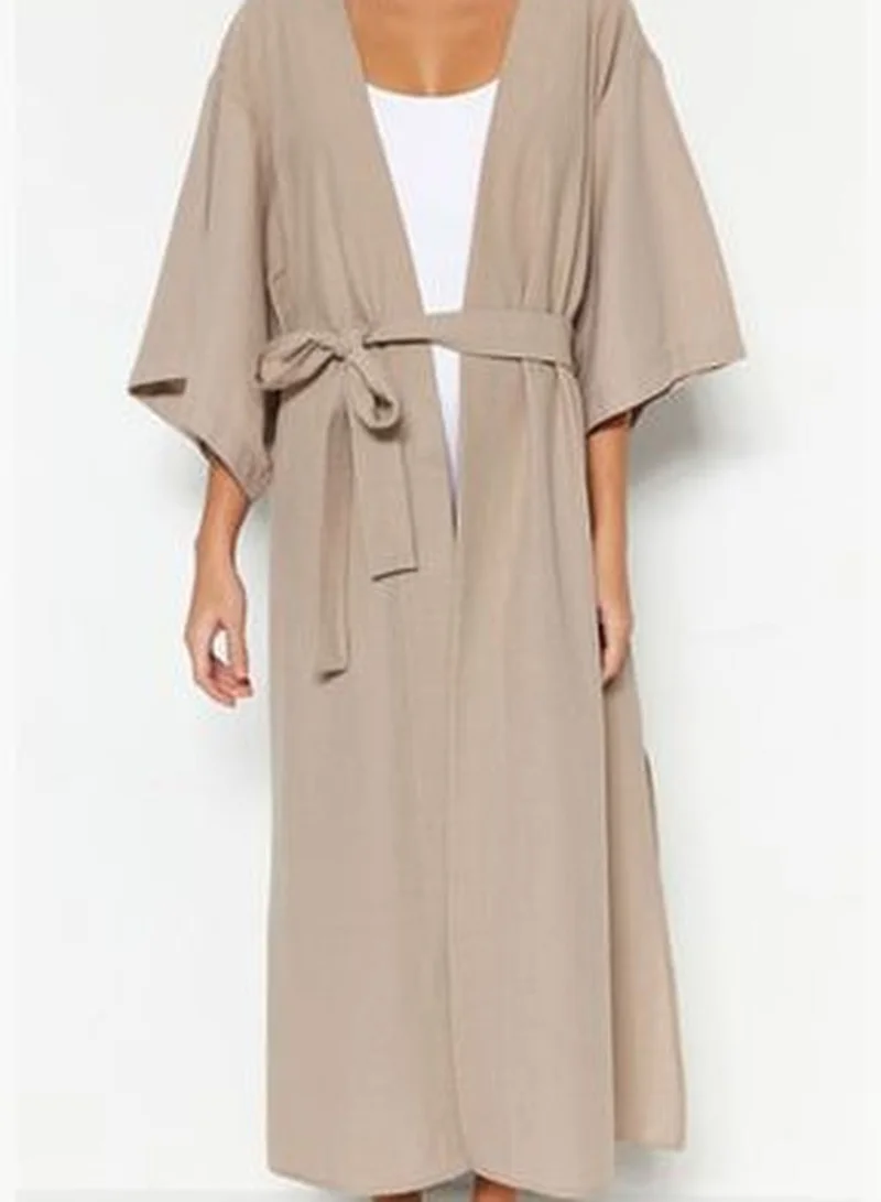 trendyol Beige Belted Maxi Woven Kimono & Kaftan TBESS23KM00058