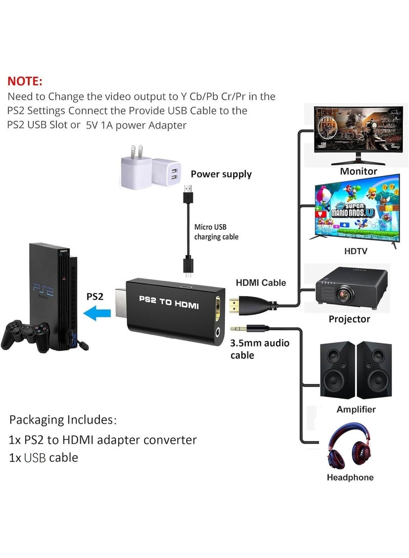 HDMI New PS2 to HDMI Converter Adapter, Video Converter with 3.5mm Audio Output for HDTV HDMI Monitor, with USB Power Cable, Supports All PS2 Display Modes, Mini PS2 To HDMI Converter Black - Image 5