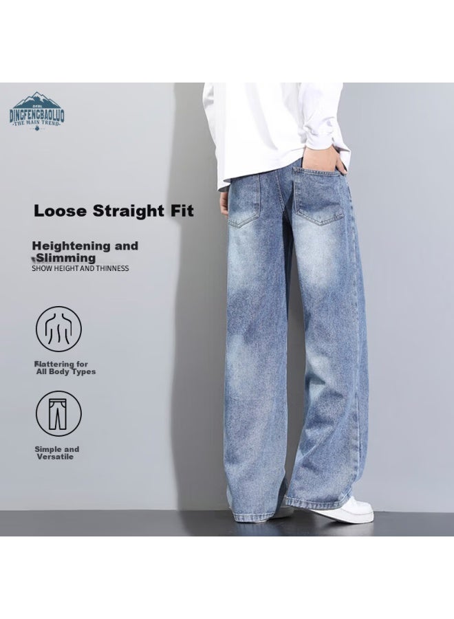 Dingfengbaoluo Men's American Street Style Denim Jeans Spring Casual Loose Trendy Straight-leg Pants Xgb05 Medium Blue XL - Image 1