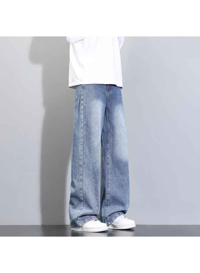 Dingfengbaoluo Men's American Street Style Denim Jeans Spring Casual Loose Trendy Straight-leg Pants Xgb05 Medium Blue XL - Image 5