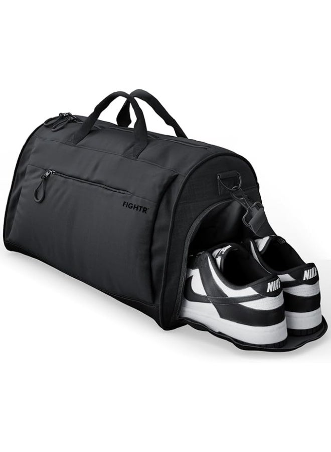 FIGHTR Sports Bag & Travel Duffel Bag For Men And Women - With Shoe Compartment & Wet Compartment - Bag For Sports, Fitness & Travel Clean All Black
