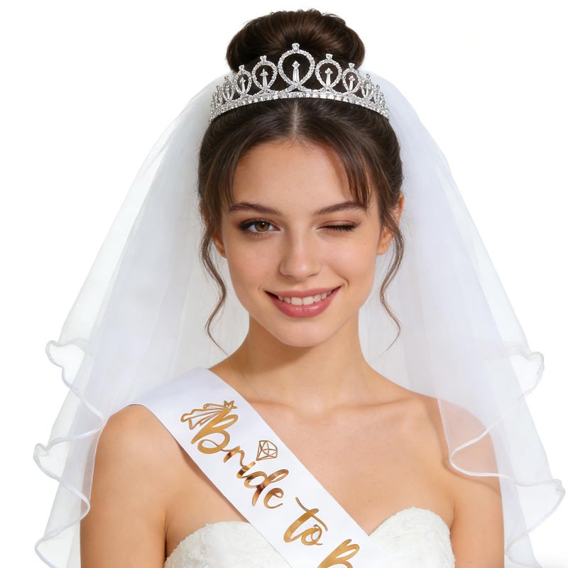Docooniver 4 Pcs Bachelorette Party Decorations Bride & Groom to be Sash Tiara/Crown Veil Engagement Party Accessories Bridal Shower Gifts for Bride - Image 4