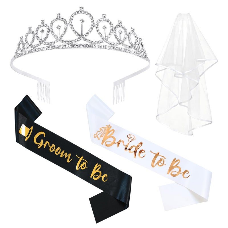 Docooniver 4 Pcs Bachelorette Party Decorations Bride & Groom to be Sash Tiara/Crown Veil Engagement Party Accessories Bridal Shower Gifts for Bride - Image 1