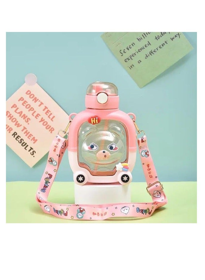 Emoji Drinking Bottle For Kids Adults Boys Girls 1000Ml School Bottle With Free Straw, Strap And Stickers Pink Color - Image 1