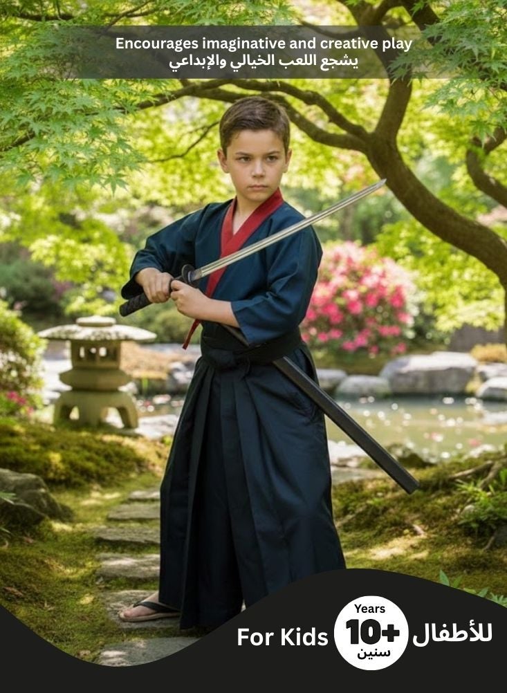 بريميم مجموعة سيوف كاتانا خشبية للأطفال بتصميم شخصية محارب ساموراي صغير - سيف تدريب خشبي بمقبض أزرق مع غمد للعب الأدوار النينجا، زي فنون قتالية، ولعب قتالي تمثيلي للأولاد - Image 2