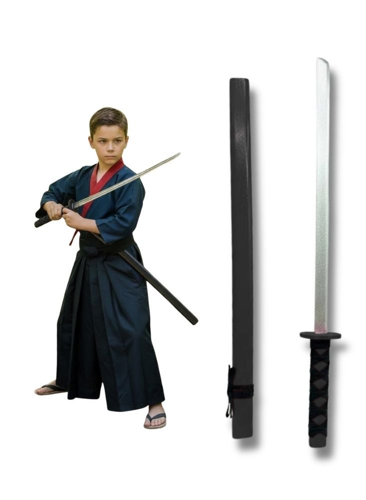 بريميم مجموعة سيوف كاتانا خشبية للأطفال بتصميم شخصية محارب ساموراي صغير - سيف تدريب خشبي بمقبض أزرق مع غمد للعب الأدوار النينجا، زي فنون قتالية، ولعب قتالي تمثيلي للأولاد - Image 1