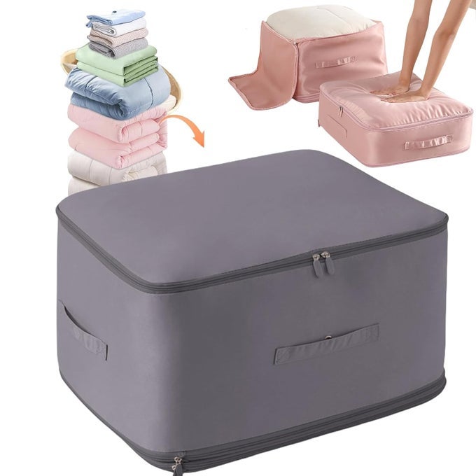 ULTRA SPACE SAVING SELF COMPRESSION ORGANIZER HEAVY DUTY MOVING BAGS STORAGE TOTE FOR SPACE SAVING SELF COMPRESSION MOVING ORGANIZER BAGS FOR COMFORTERS CLOTHES BLANKETS GRAY